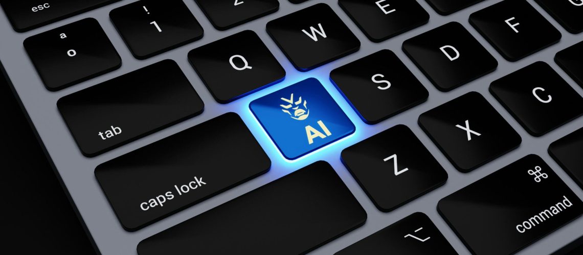 a computer keyboard with a blue light on it